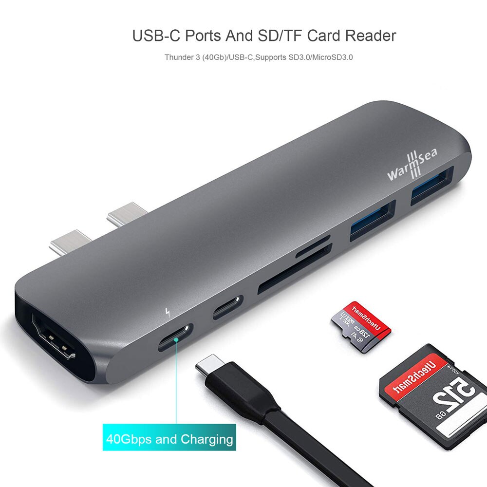 Usb c hub typ c thunderbolt 3 adapter usb-c dockningsdongel med hdmi 4k pd usb 3.0 sd tf kortläsare för macbook pro air 13 15