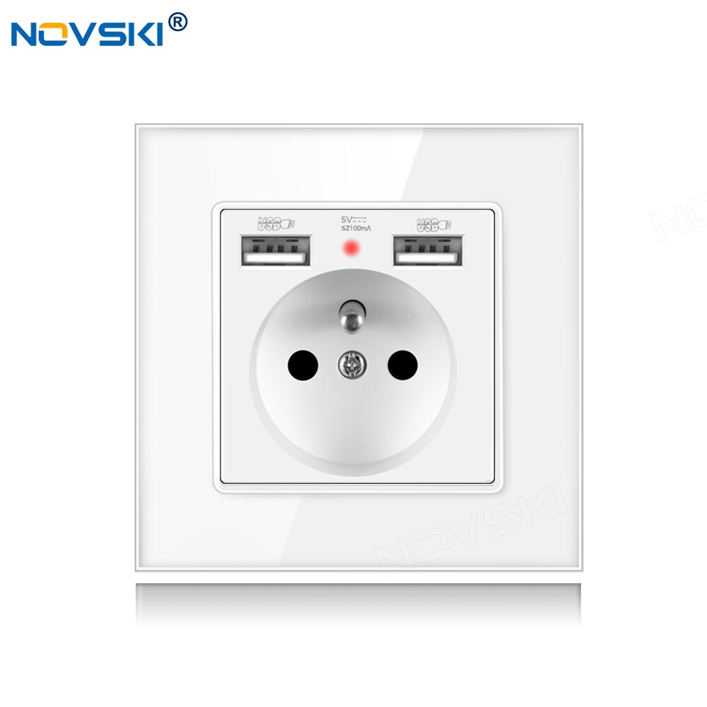 NOVSKI French Power Socket, Electrical French Outlet, 2.1A Dual USB Charging Port with Soft LED Indicator, White, Black, Gold: Crystal Glass White