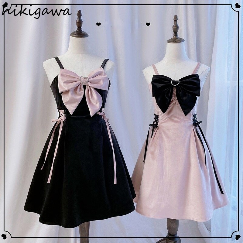 Hikigawa Vrouw Jurken Lolita Y2k Vestidos De Mujer Bandage Slanke Jurk Sexy Kleding Fluwelen Gewaad Femme Mouwloze Vrouwen Jurken