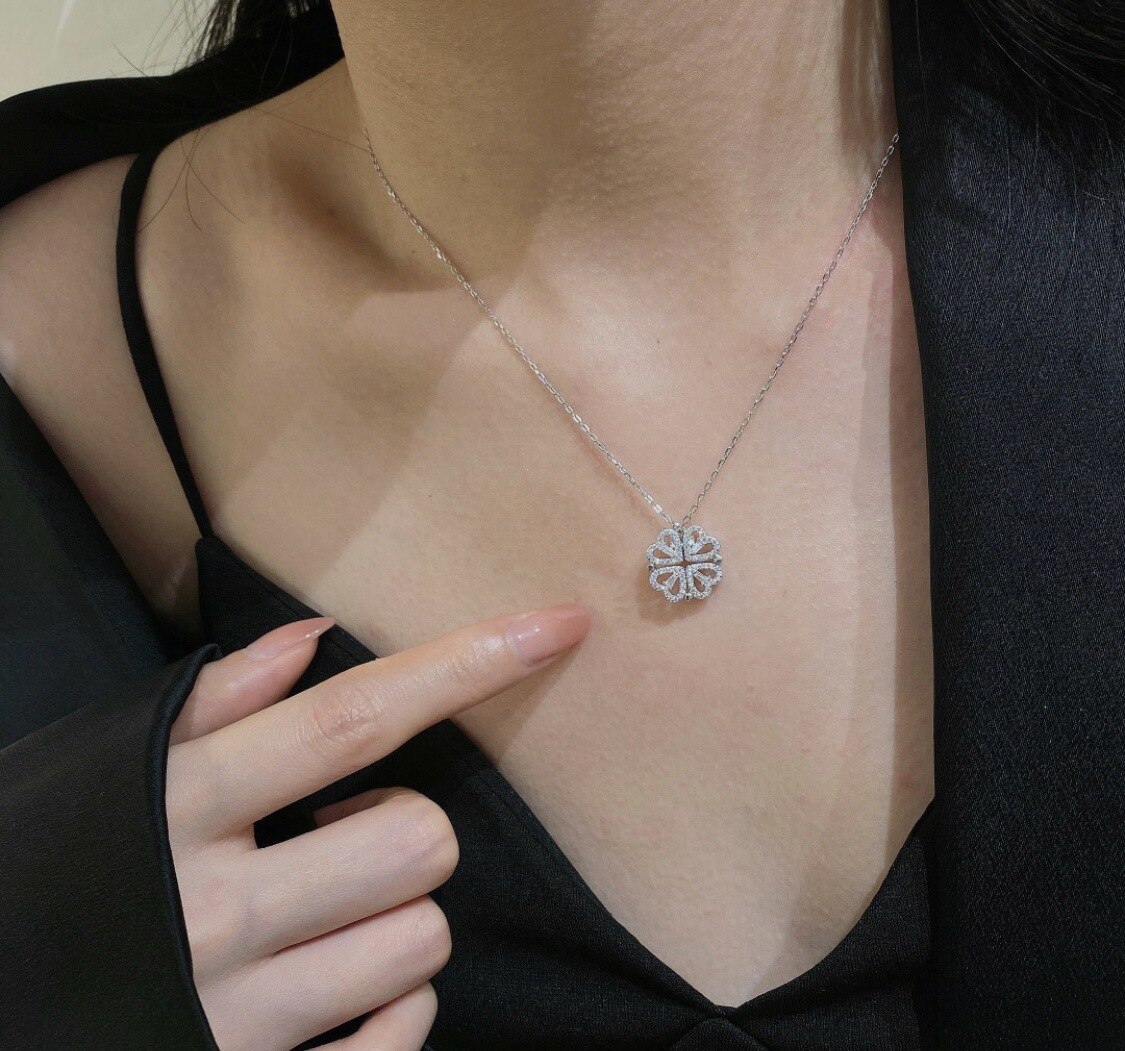 Retro magnetisk folde hjerteformet firkløver vedhæng halskæde kvinder elsker kravebenskæde åbningsbar choker smykker