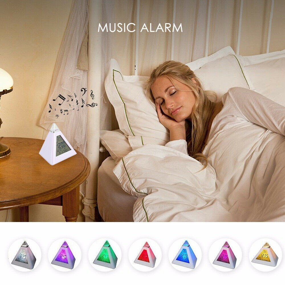 Lcd Wekker Nachtlampje Thermometer Digitale Wandklok Verwisselbare 7 Kleuren Kleurrijke Piramide Led Klok Home Decor Accessorier