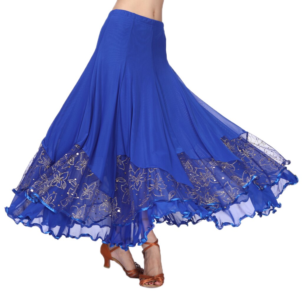 Lång flamenco modern dans kjol sequined mesh kjol vals klänning kvinnodräkt: Kungsblå