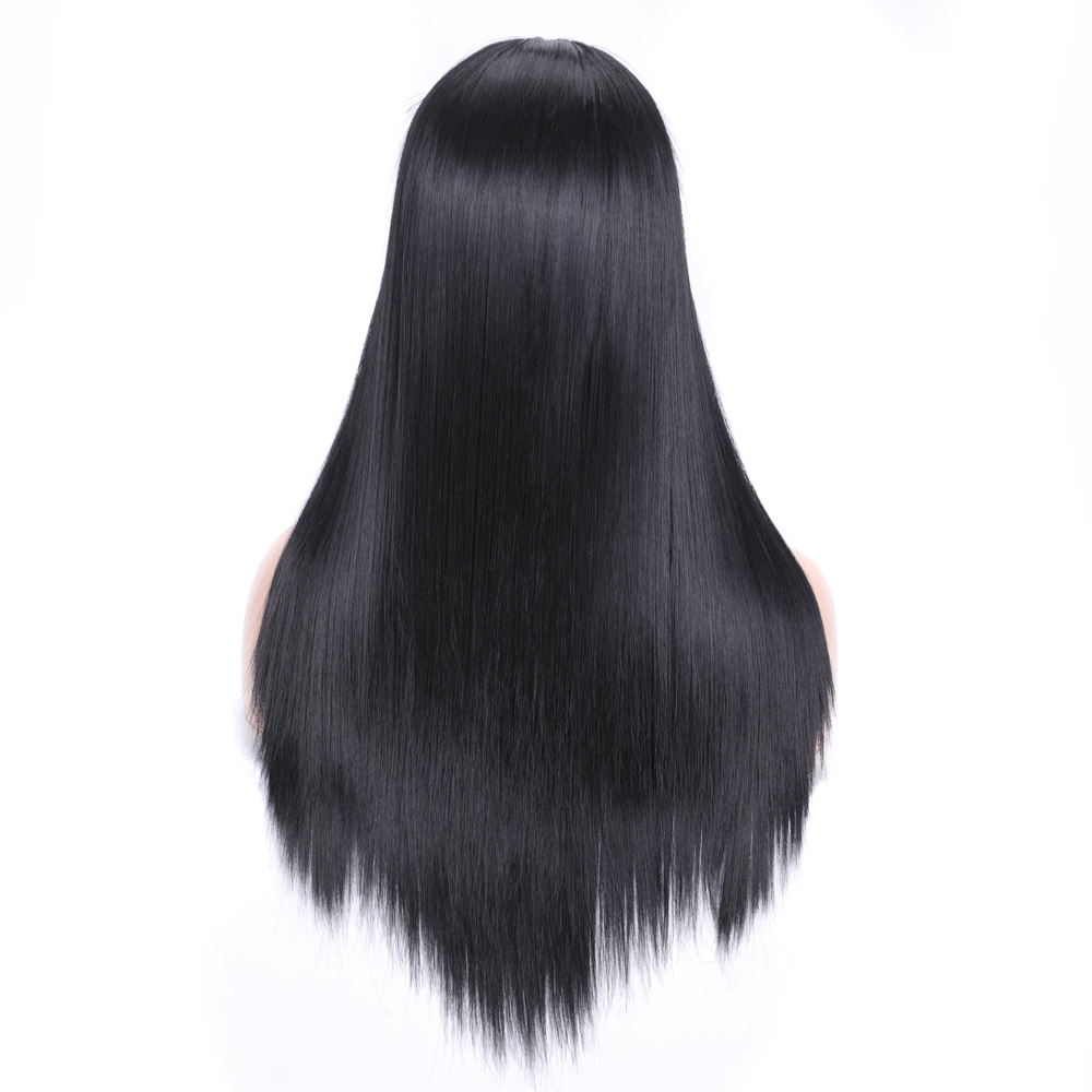 ZM perruques synthétiques lisses avec frange 14 à 26 pouces noires, perruques synthétiques soyeuses de pour femmes noires, résistantes à la chaleur