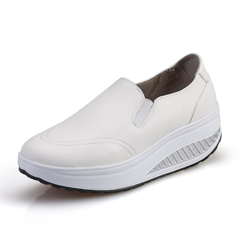 Autumn PU Women Toning Shoes White Swing Shoes Thick Soles Height Increasing Platform Wedge Slimming Shoes Slip-on Lazy Shoes: White / 6