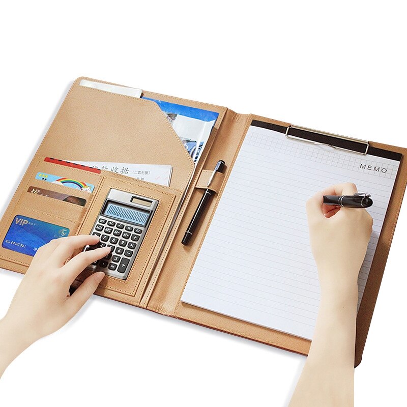 Office Supplies Business Style Leather Document Folder with 30-pages A4 Note Pad &amp; Calculator: Gold