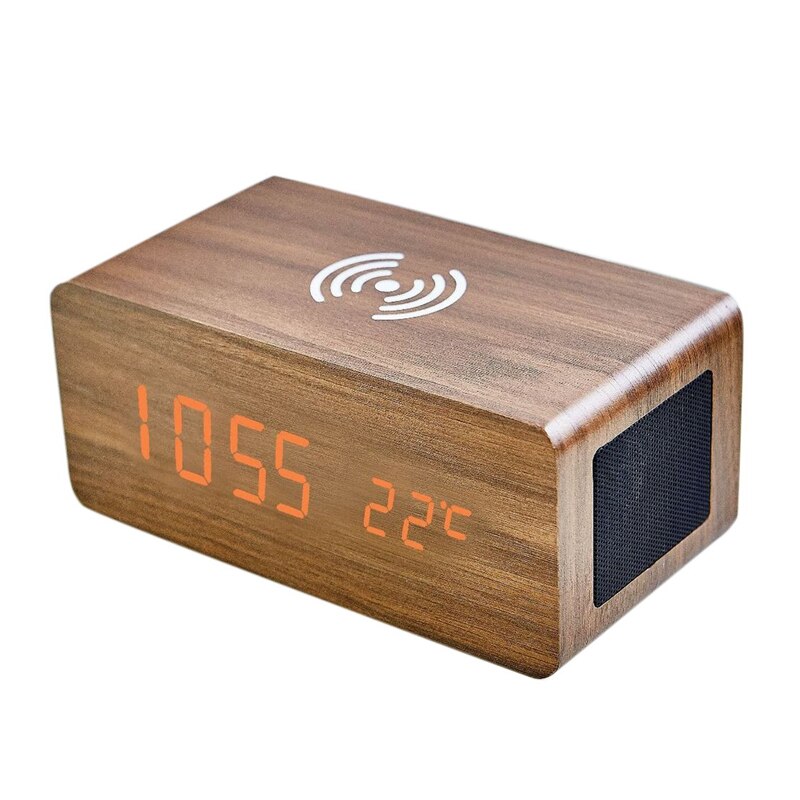 Wood Alarm Clock Bluetooth Speaker Desk USB Digital Clocks LED Wireless Charging Phone Temperature Wooden Table: Brown   yellow