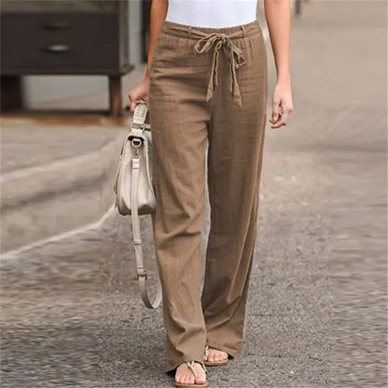 Women Solid Long Pants Women Casual Loose Cotton Linen Lace Up Elastic Waist Wide Leg Trousers Ladies Streetwear Straight Pants: S / Khaki