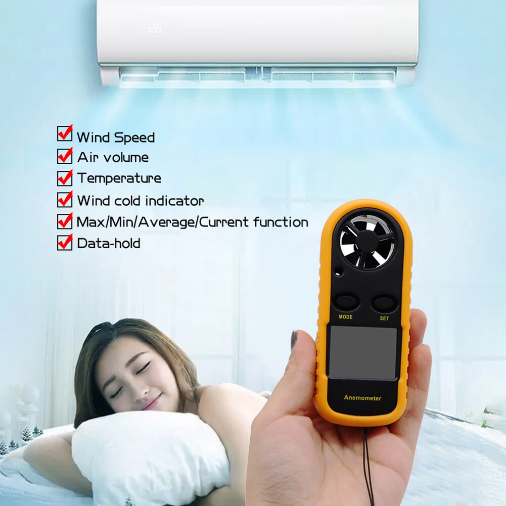 Digital Anemometer 30m/s Wind Speed Meter Guage Temperature Tester with LCD Backlight Display Thermometer