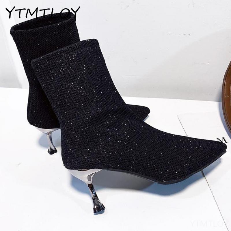 Vintersocka stövlar låg hög klack ankelboots lyx kvinnor desiger glitter korta boots festskor paljettduk