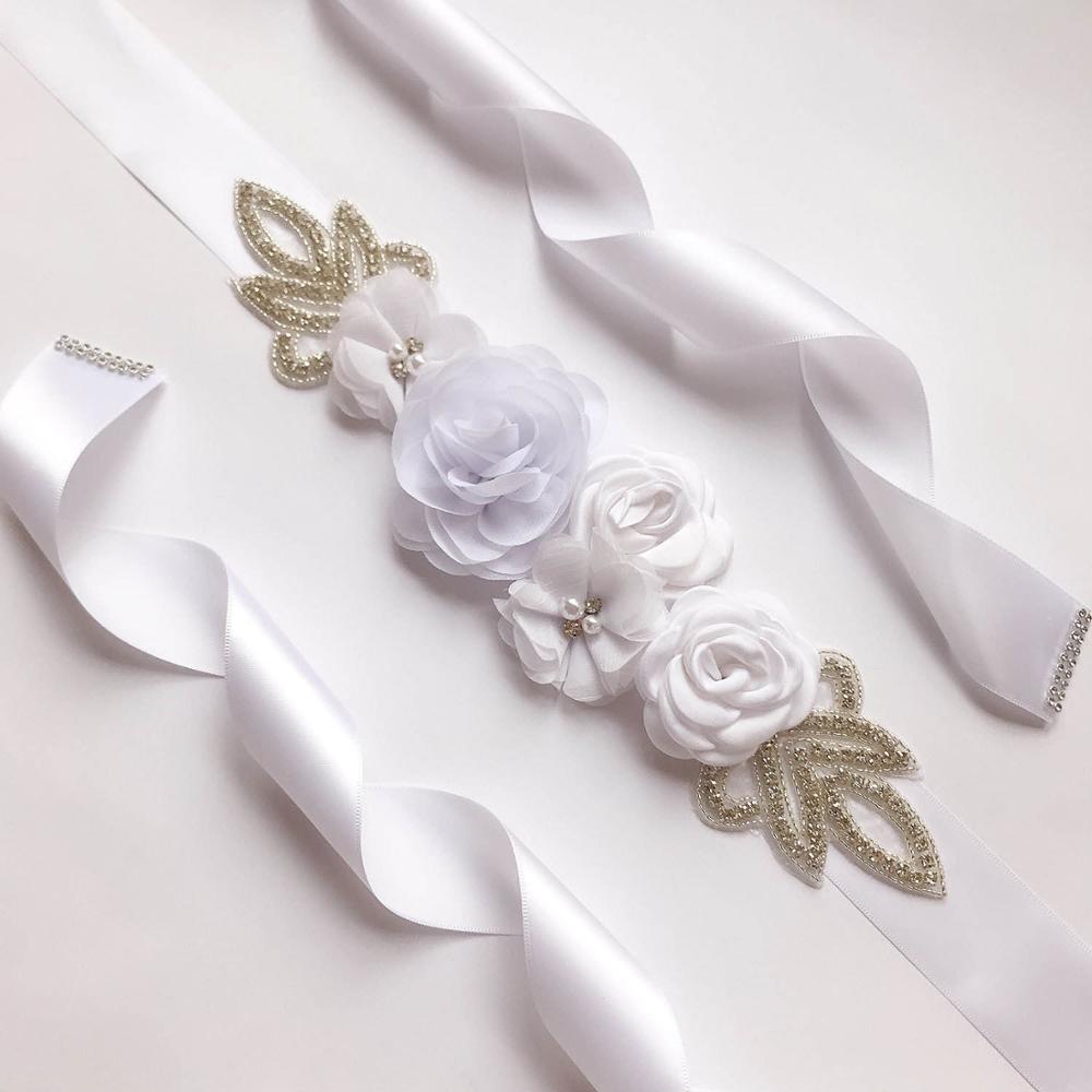MOLANS, perlas, vestido, cinturones, flores de Gasa sólido, faja nupcial, cinta hecha a mano con diamantes de imitación, banda para la cintura, accesorios de boda para novia: Blanco