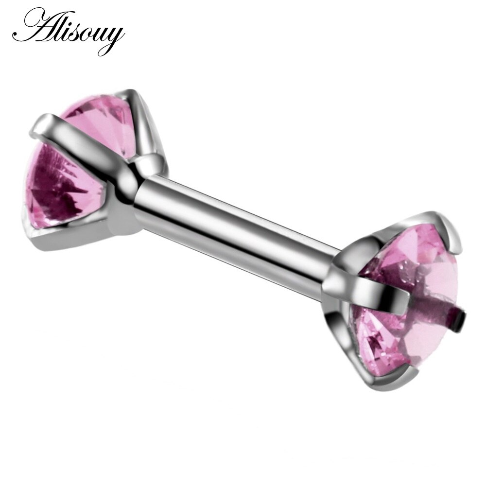 Dubbele Ronde Oorbel voor Vrouwen Chirurgisch Staal Bar Oorbellen Kraakbeen Piercing Oor Gem Zirkoon Rhinestone Ear Stud Bars Sieraden: Silver Pink CZ