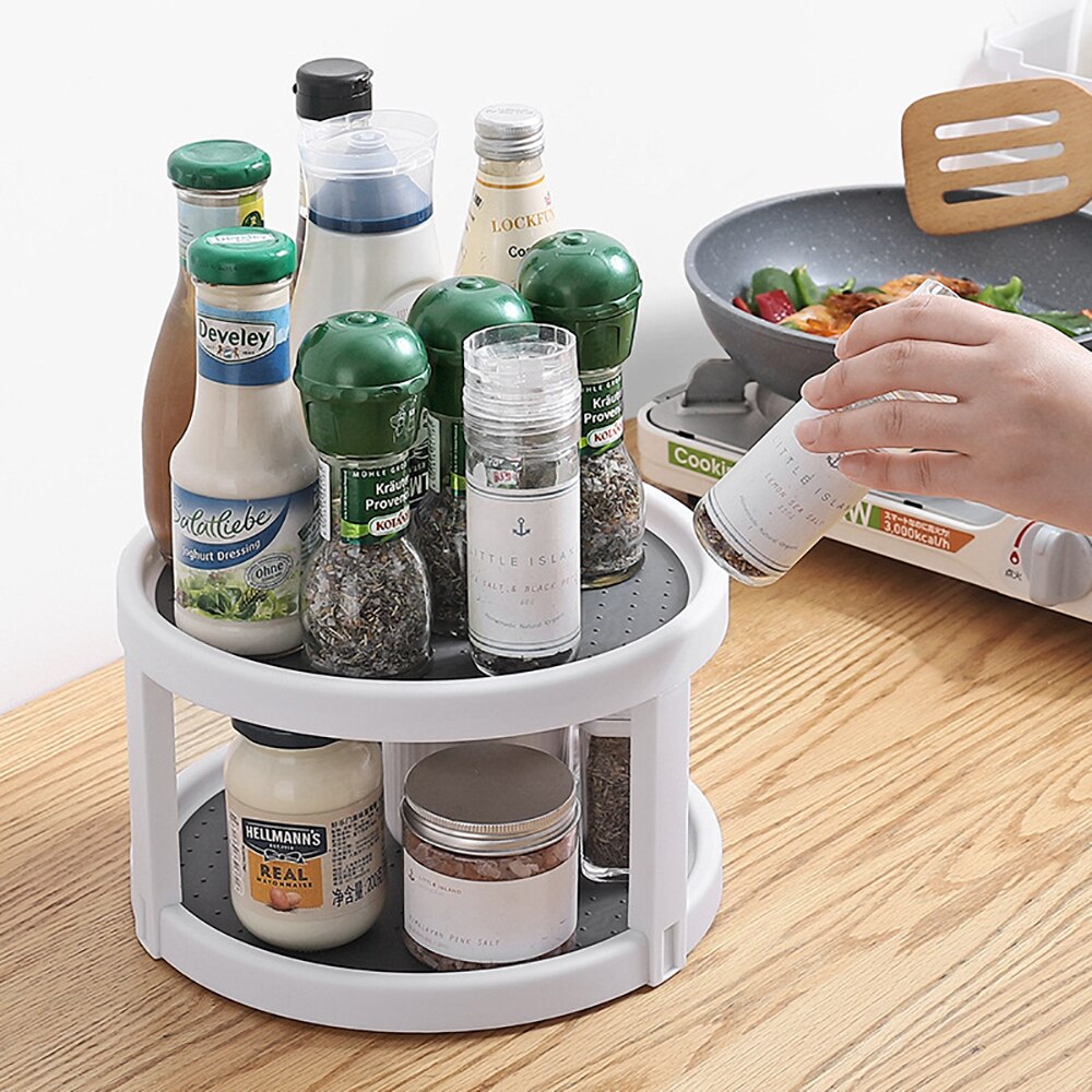 Kitchen Spinning Organizer Rotating Tray 2-Tier Spice Rack Round Shelf Condiment Storage Racks Pantry Cabinet Turntable