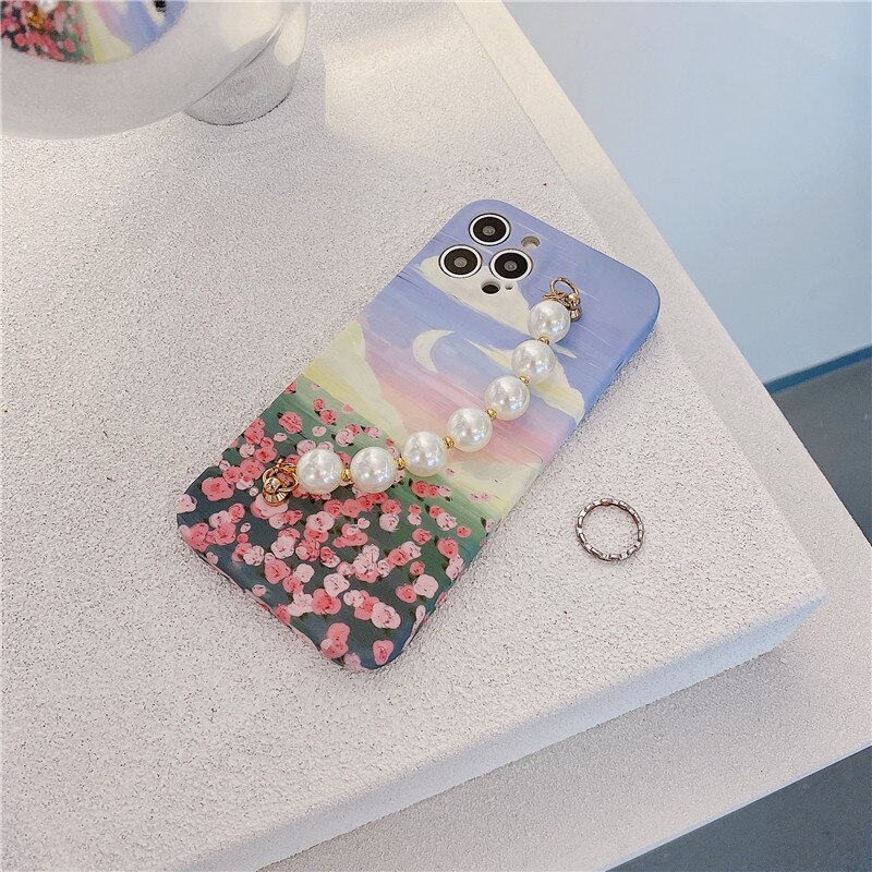 Parel Rhinestone Pols Landschap Zee Bloemen Case Voor Iphone 12 11 Pro Max X Xr Xs Max 7 8plus SE2020 Beschermhoes