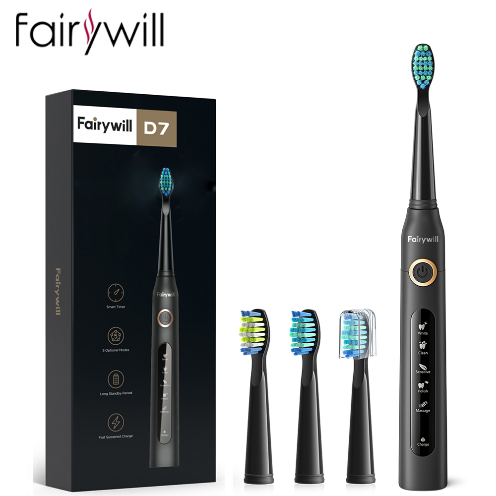 Fairywill-cepillo de dientes eléctrico sónico para adultos, recargable por USB, FW-507, resistente al agua, cabezales de repuesto: Negro