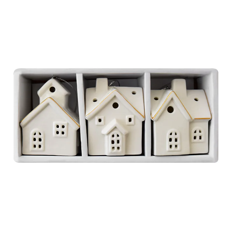 Keramisk julepyntsett med 3 glødende snøhuspynt små scenedekorasjoner til hjemmekontor