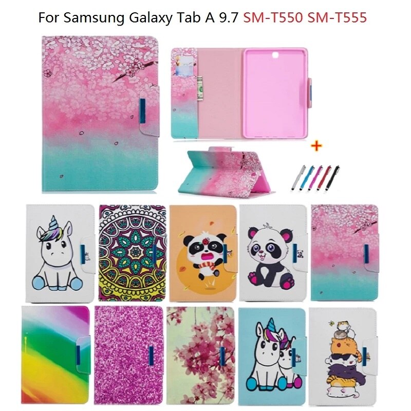 Eenhoorn Panda Tablet Case Voor Samsung Galaxy Tab Een 9.7 SM-T550 T555 Portemonnee Shell + Pen Voor Samsung Tab een 9 7 Case Cover Caqa