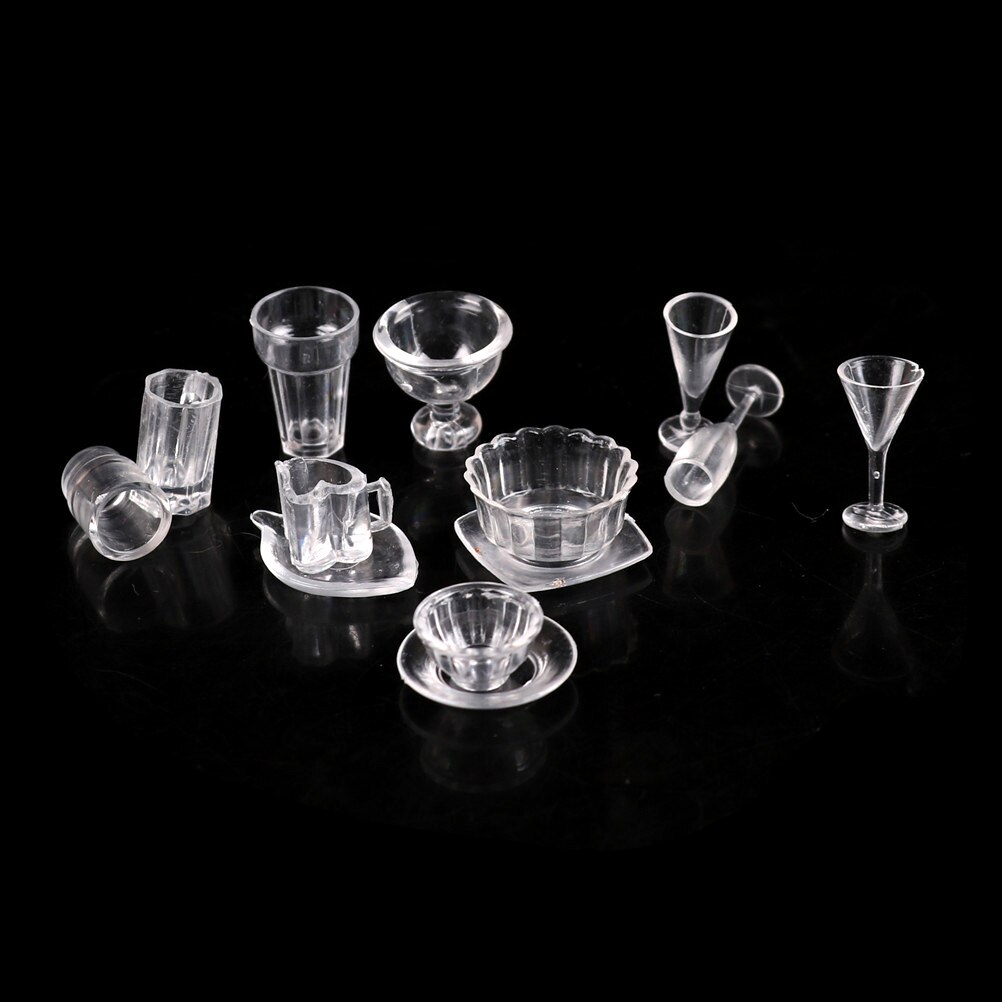1 Set(13 pcs) Mini Transparent Dish Plate Drink Cups Tableware Miniatures DIY Pretend Play Kitchenware Toy