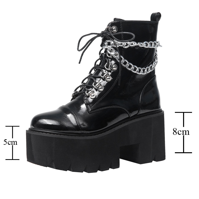Couro de patente gótico preto botas de salto feminino sexy corrente chunky calcanhar plataforma botas femininas estilo punk tornozelo botas zíper ab670