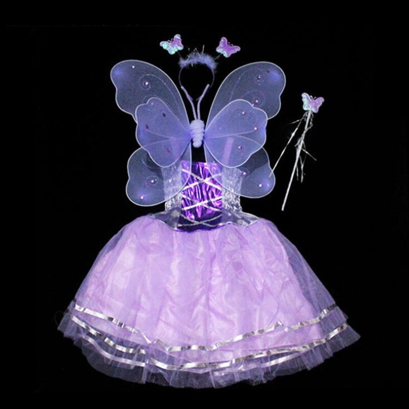 Niñas mariposa ala diadema varitas vestido niños Hada princesa actuación Cosplay disfraz Decoración Para vestido de Halloween: purple 4pcs set