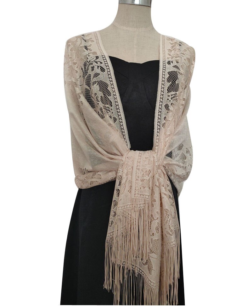 Kanten Sjaal Bruid En Bruidsmeisje Vrouwen Sjaal Wraps Party Holle-out Gehaakte Bloemen Tassel Tulle Sjaals Dames Retro Shawl: Beige