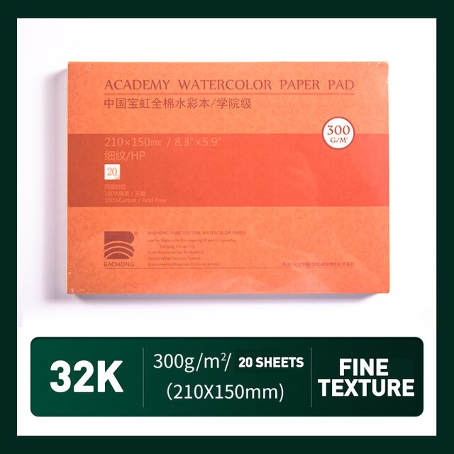 Watercolor Pad Paper, 100% Cotton 20 Sheets, 140lb/300gsm, 32K 16K 12K Glue Bound, Acid-Free, Art Sketchbook Wet &amp; Dry: 32k HP