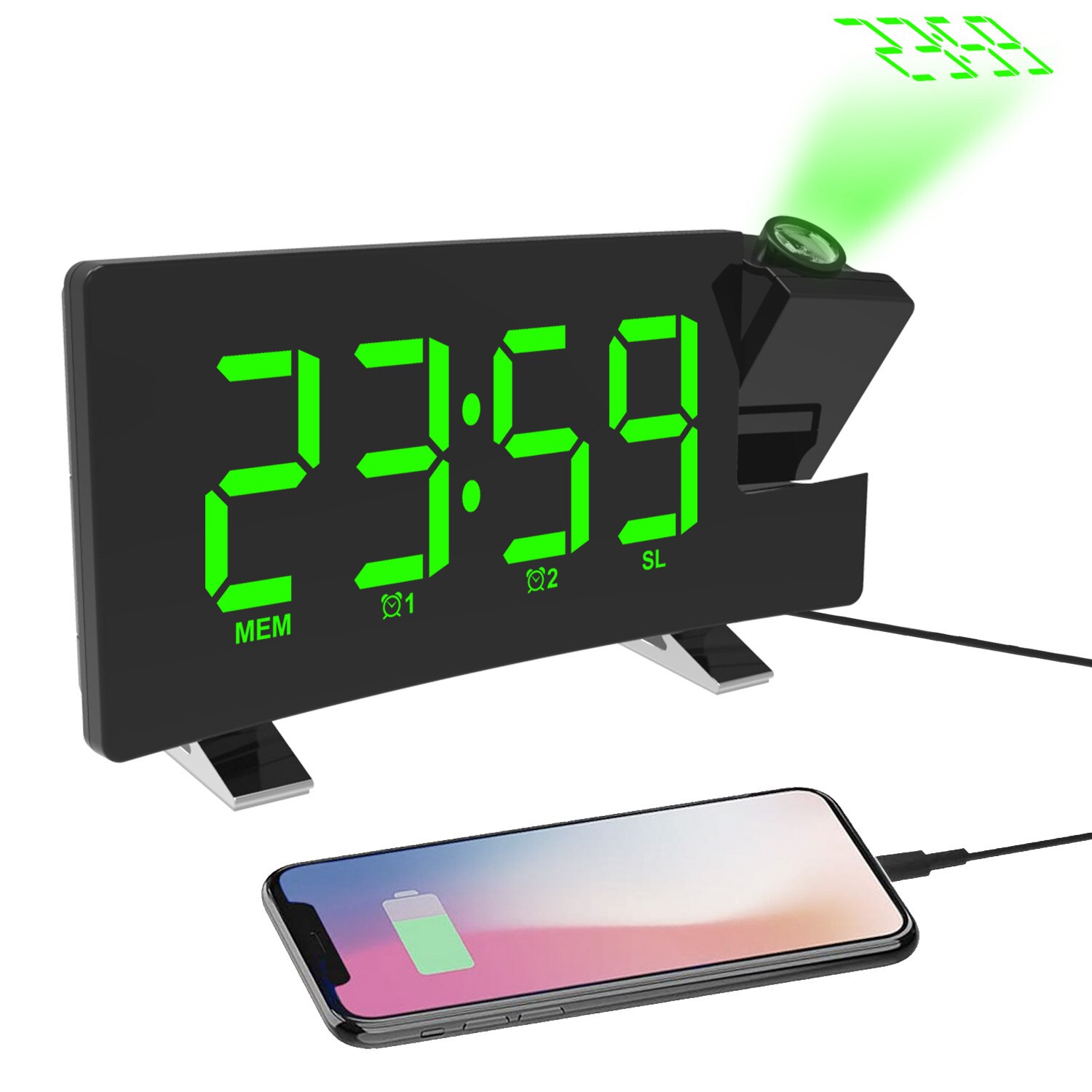FM Radio Projection LED Digital Clock Smart Alarm Clock Watch Table Electronic Desktop Clocks Wake Up Clock Time Snooze 2 Alarm: Green  