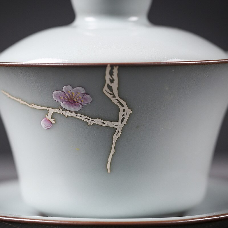 Longquan celadon cover bowl single bubble teacup ice crack kung fu tea set three cups large bowl ceramic