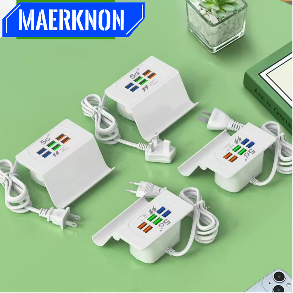 6- ports usb-opladerstation, opladestation til flere enheder, multi-usb-natbordsopladerstation med telefonholder