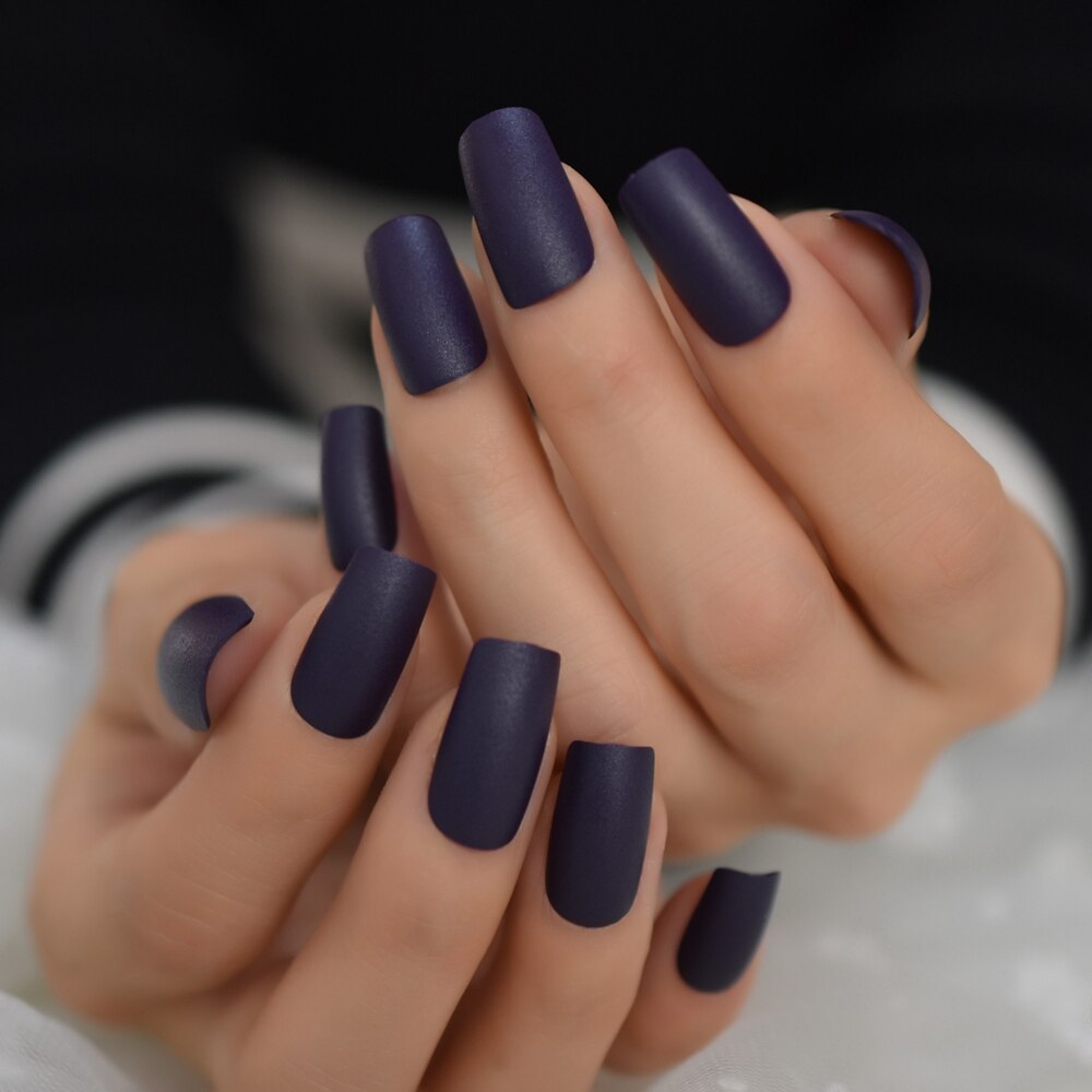 Rough Matte Square False Nails Dark Purple Frosted Acrylic Artificial Nails Medium Manicure Tips 24pcs
