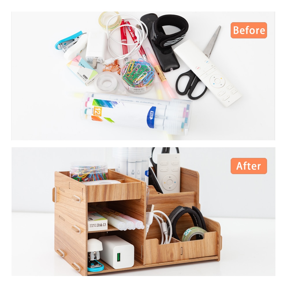 Wooden Office Desk Organizer DIY Document File Multifunction Accessories Storage Magazine Book Shelf pen pencil holder