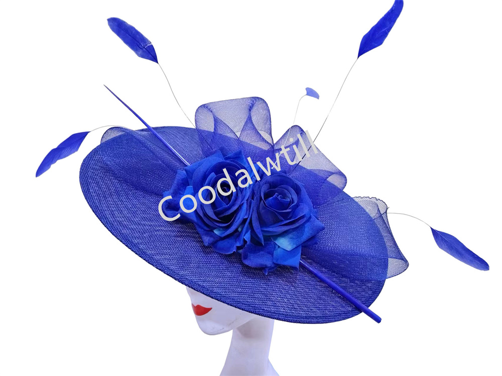 Grote Bloem Fascinators Hoed Hoofddeksel Vrouwen Kentucky Kerk Hoeden Dames Derby Veer Pillendoos Fascinator Hoeden: Blauw