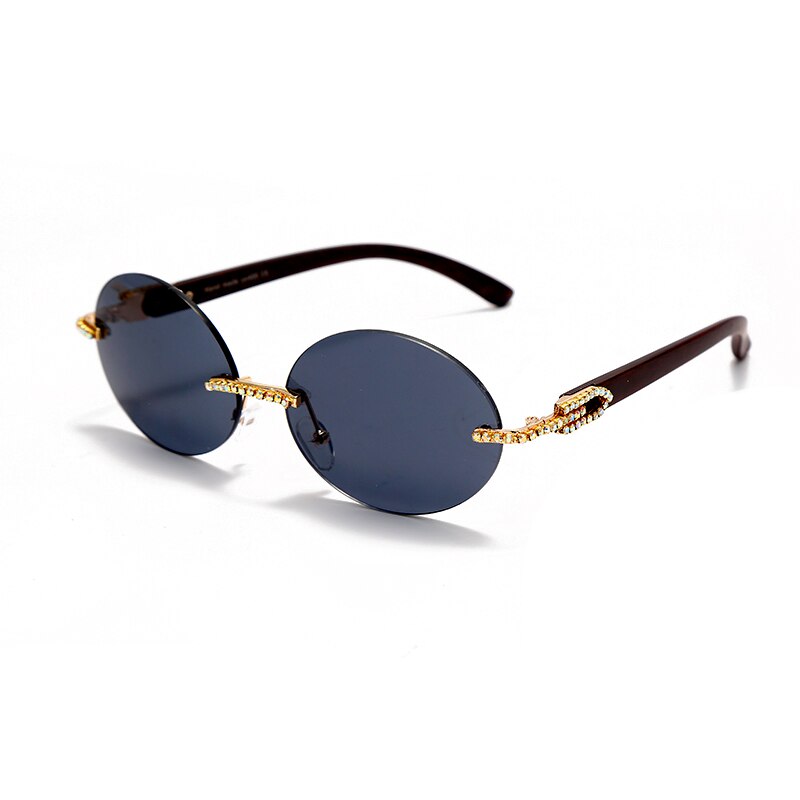 Vintage runde solbriller mænd luksus mærke fahsion diamant solbriller kvinder ovale krystal træ briller kantløse briller  uv400: 1 sort