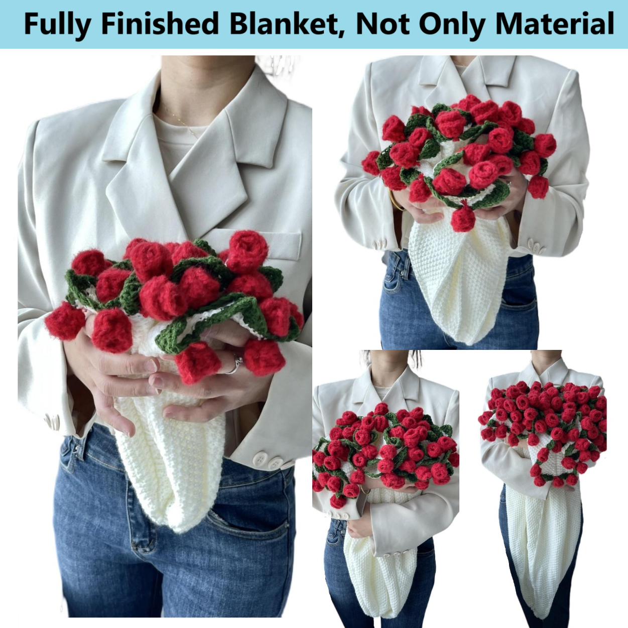 Manta de rosas terminada, ramo de flores rosas, suéter peludo de ganchillo hecho a mano, cama, sofá, mamá, esposa, de cumpleaños, chal, manta envolvente