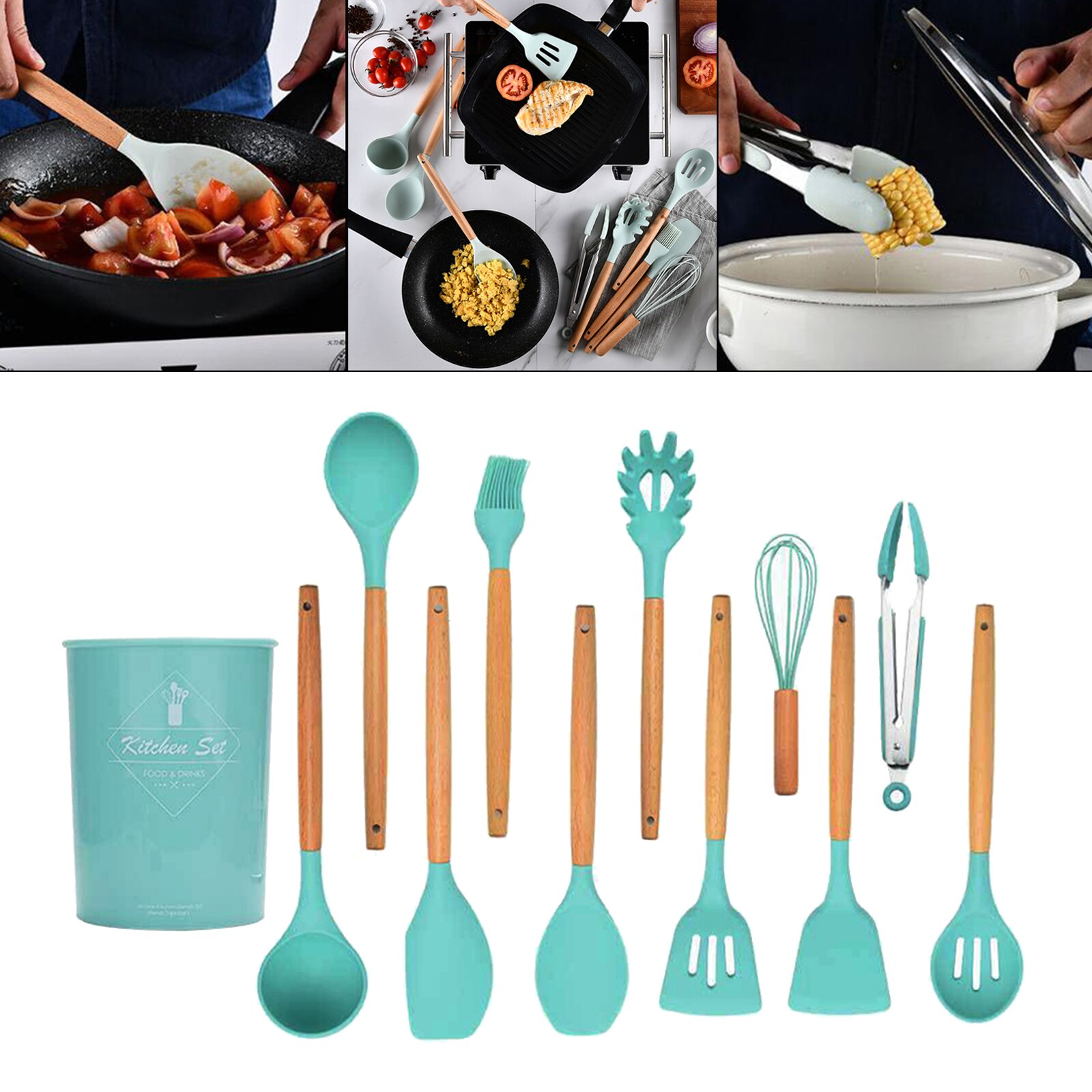 11PCS Nonstick Cookware Non Scratch Wooden Handle Anti-scalding Turner: Dark Green