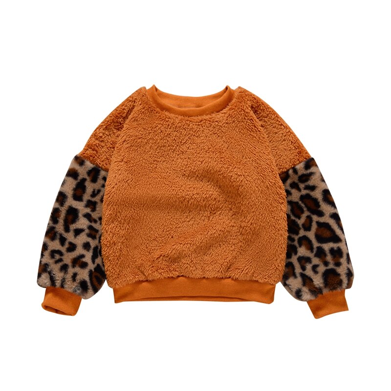 Sudaderas peludas de leopardo para niños de 2 a 7 años, suéter cálido de otoño e invierno con parches cálido: Caqui / 7T
