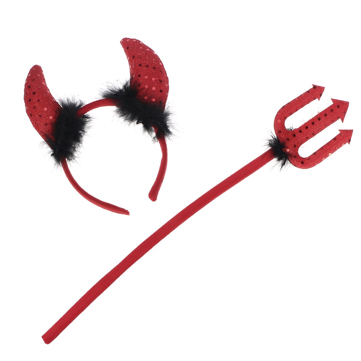 Rode Pailletten Duivel Set Hoofdband Hoorns Trident Vork Voor Halloween