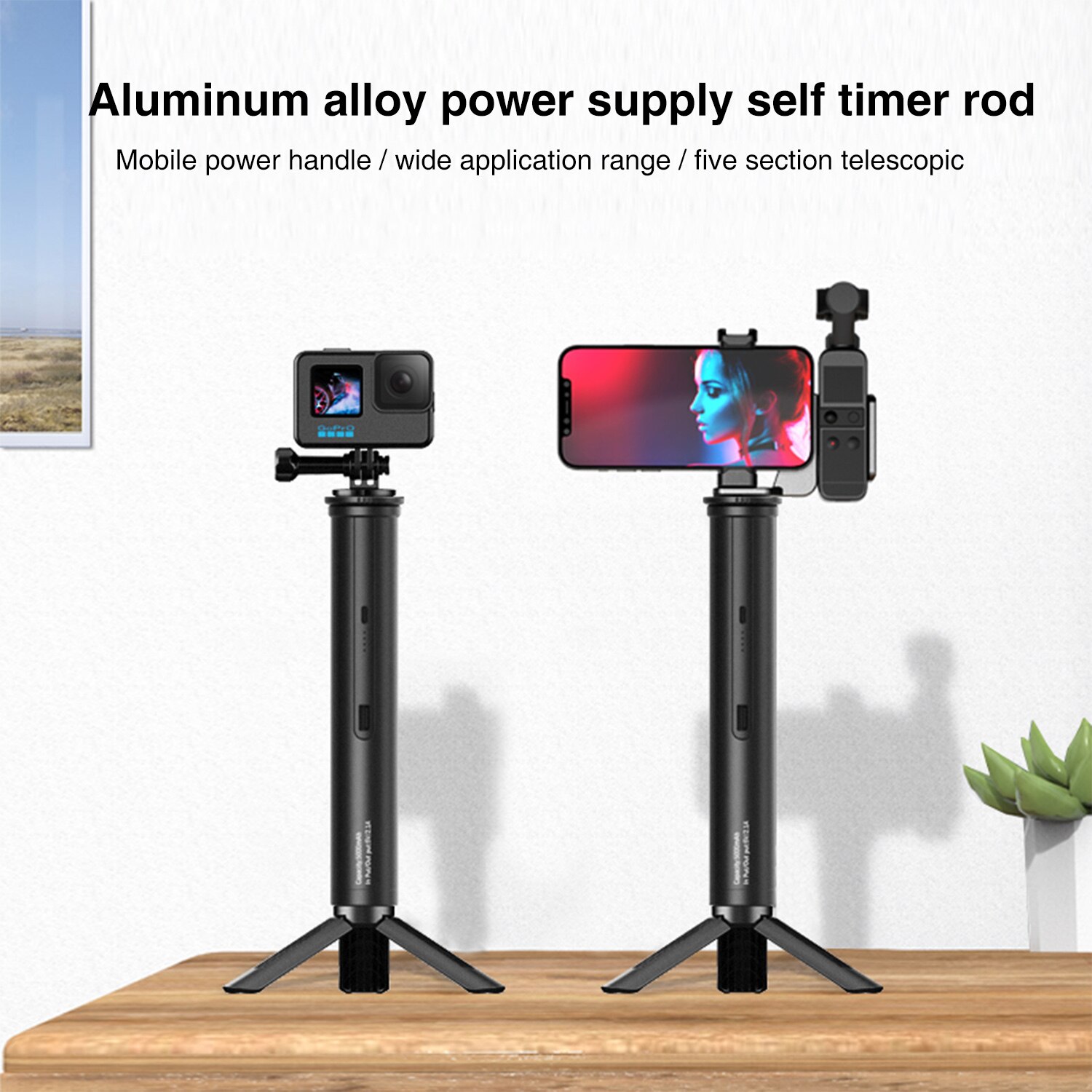 Håndgreb batteri til  go 4800 mah batterioplader powerbank greb håndholdt monopod selfie stick til action kamera