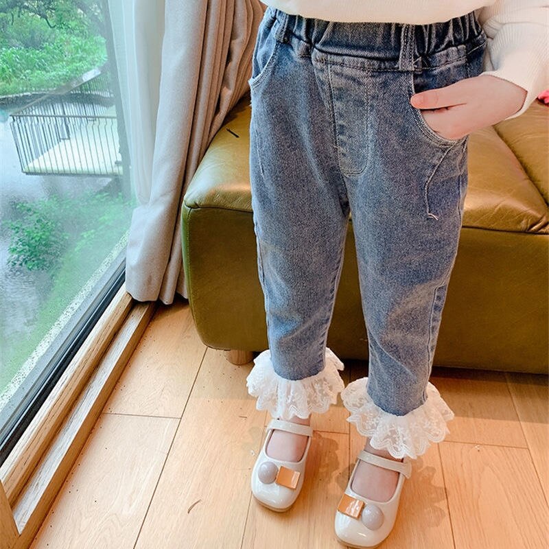 Ripped Jeans For Kids Children&#39;s Wear Girls Spring Autumn Versatile Lace Trousers Pants