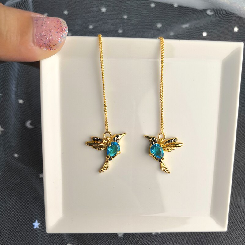 Fimaodz kolibri øreringe til kvinder 2 stil rhinestone kolibri lange kvast øreringe trendy smykker: Blå