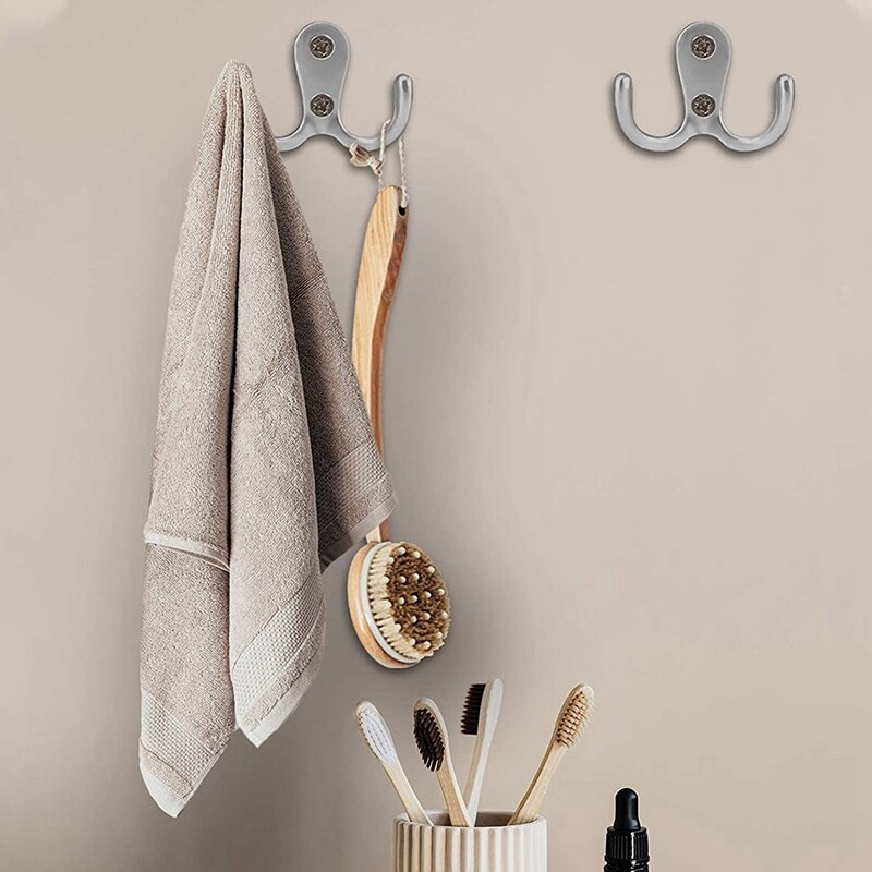 Double Prong Robe Hook With Screws, Dual Coat Hooks Wall Mounted Hanging Clothes For Bathroom Bedroom Door Wall