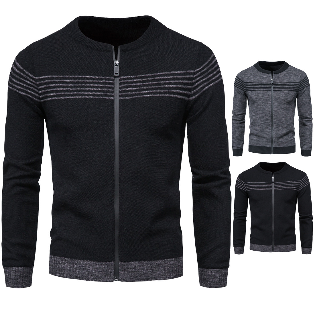 Autumn Men's Zip Knitwear Stripes Contrast Cardigan Sweater