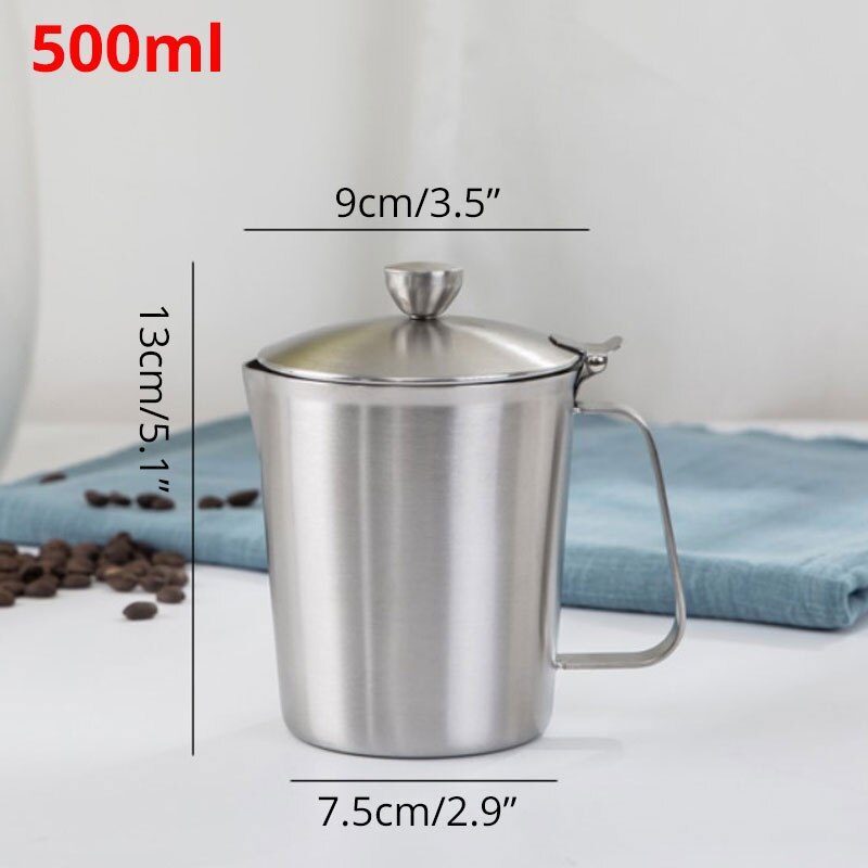 Milk Frothing Pitcher Jug with Lid and Measurment - Upgraded Thicken 304 Stainless Steel Measuring Cups Coffee Foam Container: 500ml