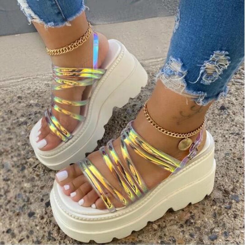 Sandalias De verano para Mujer con plataforma cuña y hebilla en la espalda, Zapatos De tacón medio, calzado De playa, aumento De altura: 42