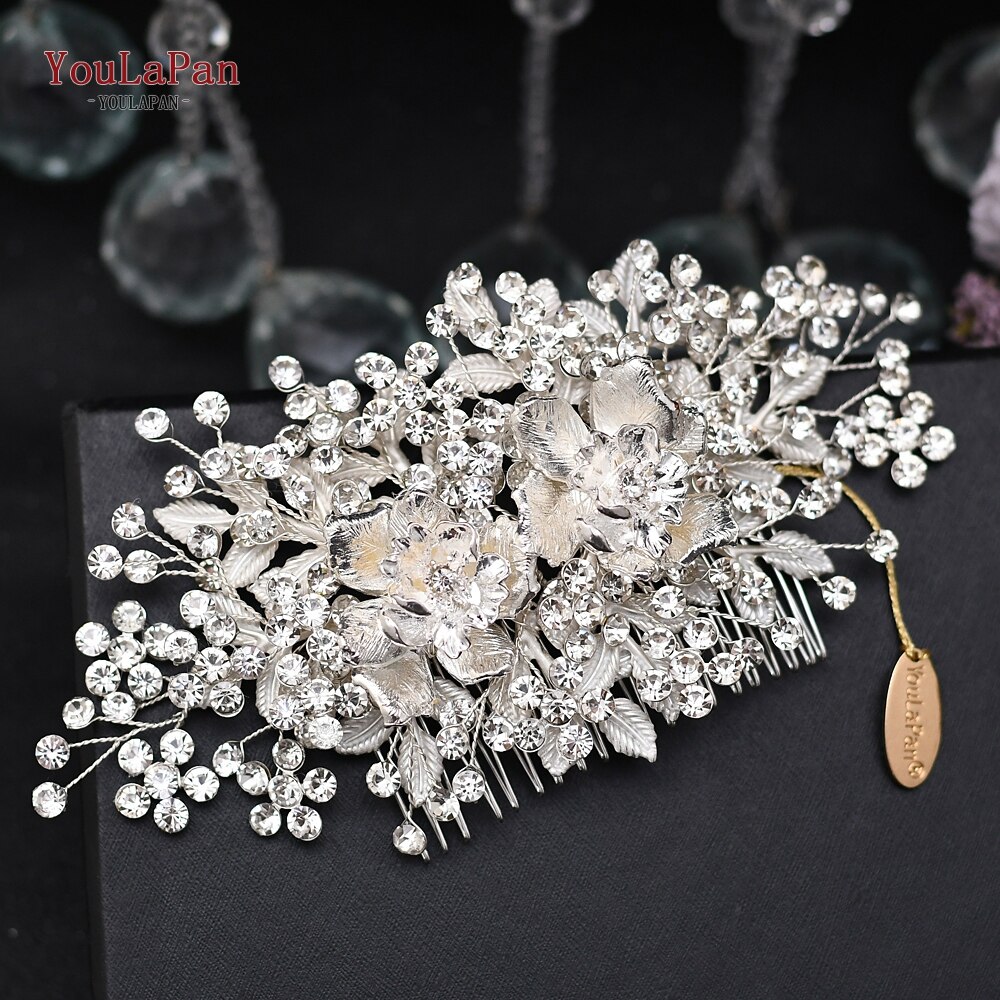 Topqueen-acessórios de cabelo hp301, estilo indiano, para noivado, fabricado em liga de flores, coroa e tiaras, prata, para casamento: HP352-Silver