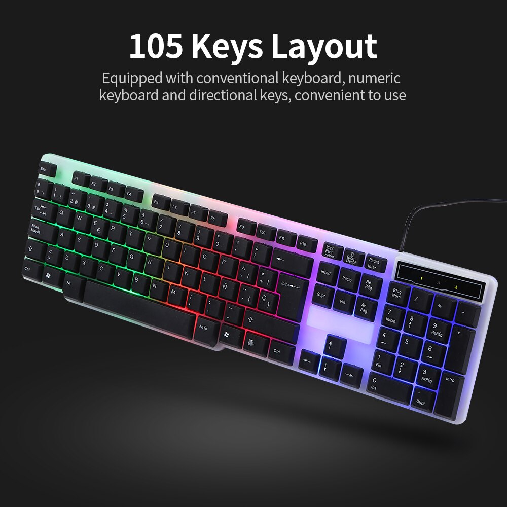 USB Wired Spanish Keyboard Mouse Combo 105 Keys Backlight Keyboard Ergonomic Mouse Kit with Suspended Keycaps Plug and Play