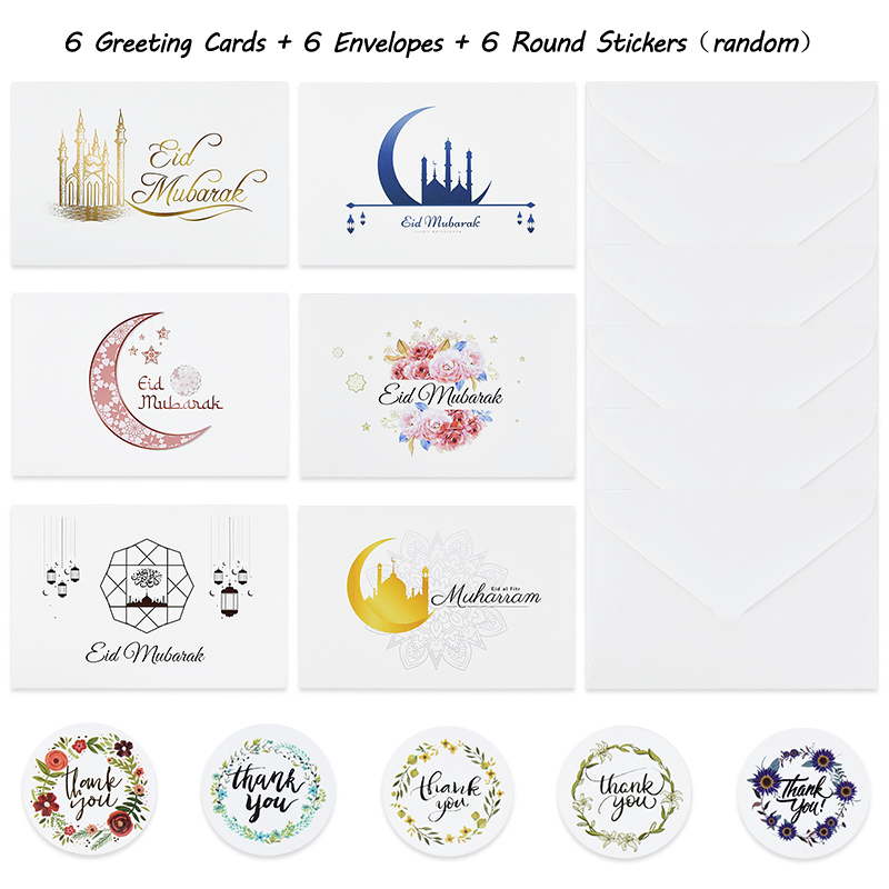 Tarjetas de Felicitación de papel Eid Mubarak con pegatina de sobre, carta de invitación, papel musulmán para de Ramadán, suministros escolares de oficina, 6 piezas: B01