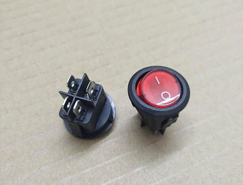 KCD1 – interrupteur à bascule rond, 20MM, Base carrée, 4 broches, AC 250V 6A 125V 10A, couleur noir rouge, marche/arrêt, 4 pieds: 2 pcs red cap