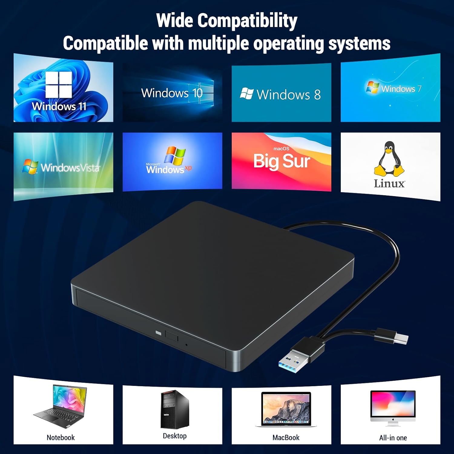Externes CD-DVD –/+RW optisches Laufwerk USB 3.0 Typ C Tragbarer CD-DVD-Player-Brenner für PC Laptop Computer Windows 11/10/8/7 MacOS