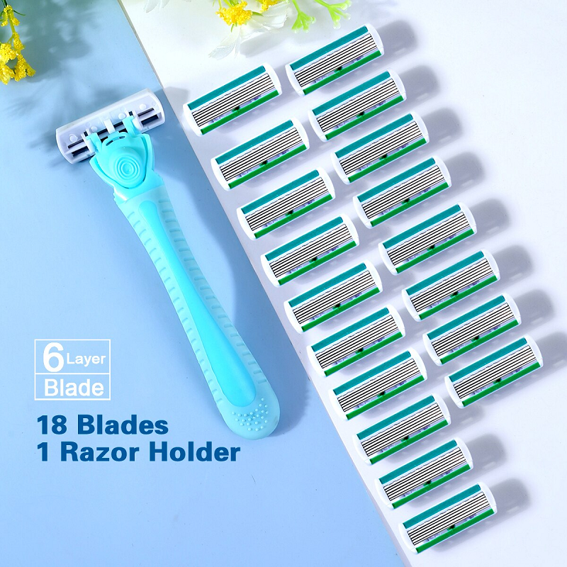 1 Handle + 18 Blades/ Women Manual Safety razor 6-Layer Stainless Steel Hair Removal Shaving Blades Replaceable Shaver Head: Blue
