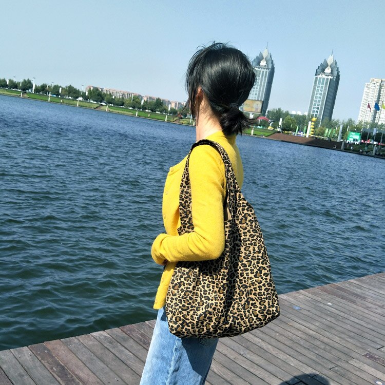 Women Canvas Vest Shoulder Bags Leopard Printing Shopping Bags Girls Casual Cotton Cloth Eco Reusable Handbags Tote